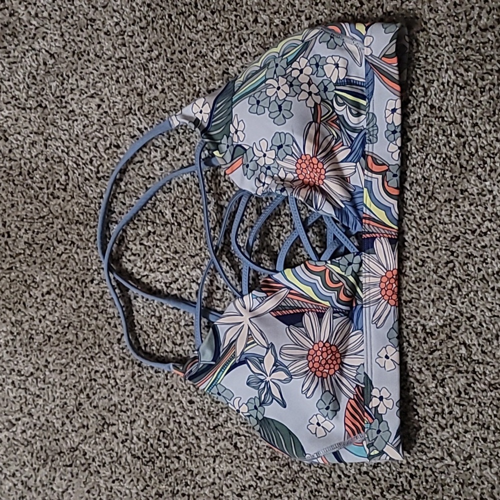 Victoria Sport Womens Sports Bra Blue Floral Cross Strap M
